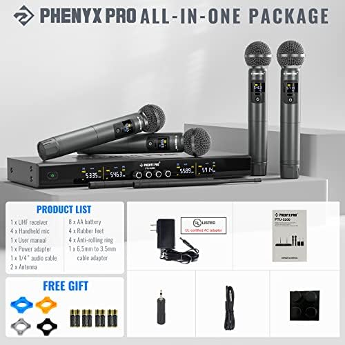 Sistema de microfone sem fio Phenyx Pro Wireless, microfone sem fio de metal com 4 microfones sem fio, frequências
