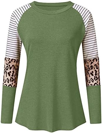 Nokmopo feminino na primavera e no outono de moda leopardo listra redonda pescoço de manga comprida t-shirt top slim brasic shirt tops