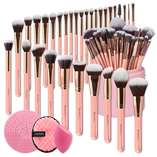 Bueart Design Melhor rotulado 30pcs Professional Pearl Pink Deluxe Brushes de maquiagem definida com suportes de escova super grandes