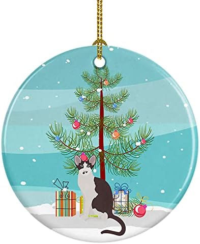 Tesouros de Caroline CK4782CO1 Oriental Bicolor Cat Feliz Natal Cerâmica Ornamento, decorações de árvores de Natal, ornamento pendurado