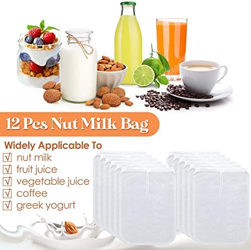 Tudomro 12 PCs Bag de leite de noz Alimentos reutilizáveis ​​Bolsa de nylon Bolsa de malha de leite de nylon para estuprar amêndoa, leite de noz, café, sucos, iogurte, sopa e doufu, 7,9 x 11,8 polegadas