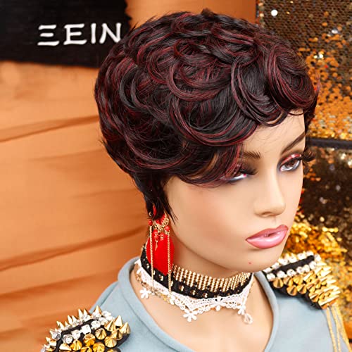 Enjeein Pixie Corte perucas para mulheres negras perucas de cabelo humano curtas perucas de cabelo encaracolado para mulheres pretas com destaque na cor da corda em camadas preto ondulado com vinho vermelho curto curto perucas