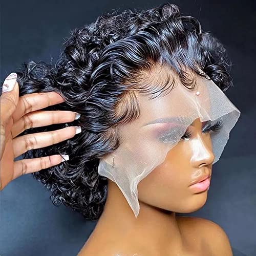 Udu curto renda encaracolada perucas para mulheres negras perucas de cabelo humano 13x2 pixie cortada em renda frontal peruca pré -arranhada de renda frontal