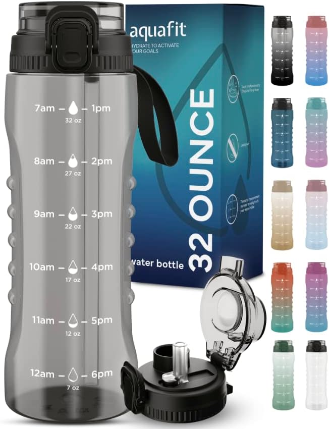 Garrafas de água de 32 oz com palha e 2 em 1 tampa - garrafa de água motivacional com marcador de tempo - garrafa