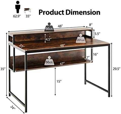 MJWDP 48 polegadas mesa de computadores em casa Escritório de redação da mesa de estudo com rack de armazenamento de suporte de monitor