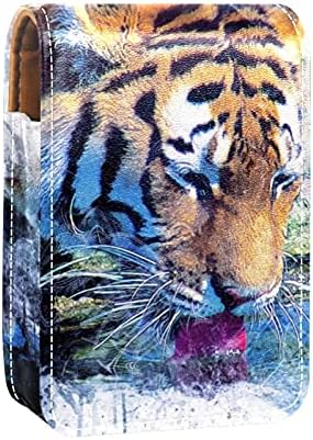 Mini estojo de batom com espelho para bolsa, Tiger Drink Art Animal Abstract Portable Case Holder Organization