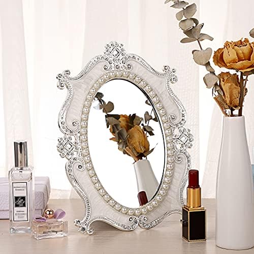 Juxyes Pequeno molho de molho de mesa espelho de desktop de metal vintage com suporte floral com moldura de pérola floral espelho de maquiagem retro oval espelhos decorativos para peças centrais de mesa