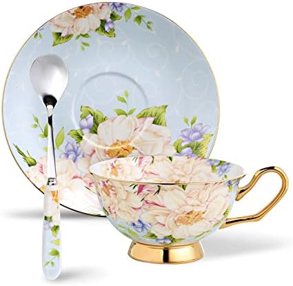 Panbado Bone China China de 19 peças Gold de chá com aro de chá de xícaras de copos de colheres e serviço de suporte de metal prateado