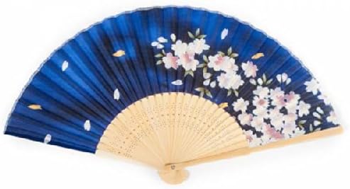 Fã de dobramento tradicional japonês de mente zen - Blue Cherry Blossom Silk & Bamboo