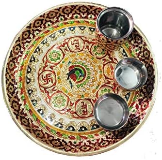 Karwachauth Special Jaipuri Pooja Designer Handicraft Thali com 2 Katori e Lota por Indian Collectible