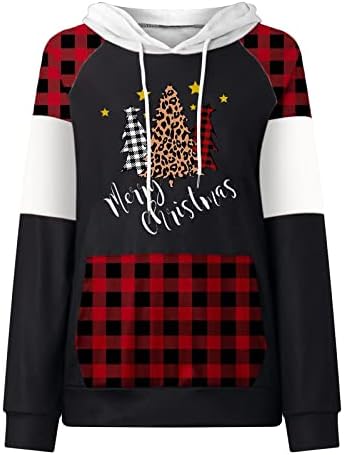 Hoodies xadrezes de búfalo feminino Tops Ladies Feliz Natal Casual Manga Longa Sweetshirts Leopard Xmas com capuz