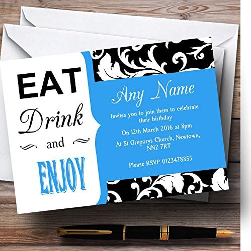 O card zoo Sky Blue Vintage Damasco Eat Drink Convites personalizados de festa de aniversário