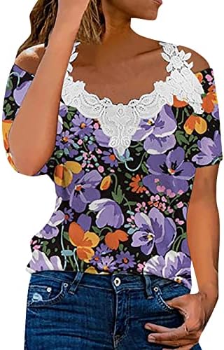 Camiseta de camisetas camiseta feminina de renda de ombro de ombro de ombro floral Manga de camisa Summer regular