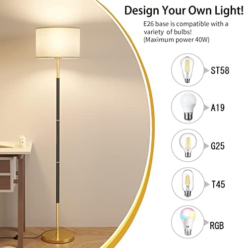Lâmpada de piso preto e dourado em preto e dourado, lâmpadas altas com temperatura de 3 cores 9W Bulbo LED de 810lm, lâmpada simples