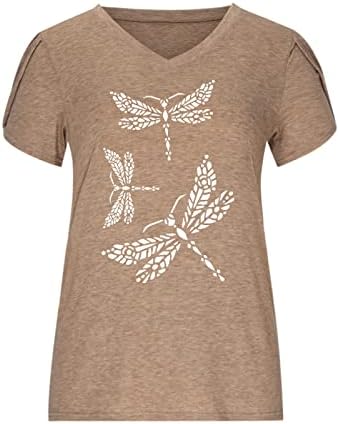 Mulheres 2023 T Camisetas Petal Sleeve V Neck Casual Tees Summer Tops básicos Dragonfly Graphic Print Shirts