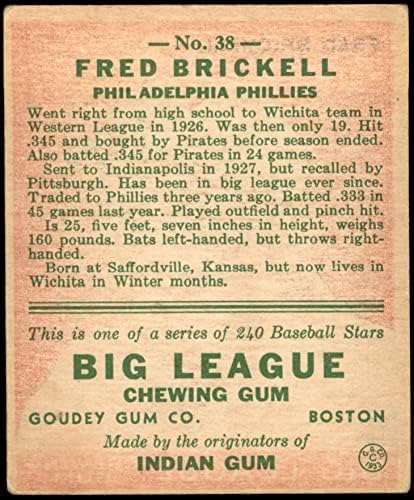 1933 Goudey 38 Fred Brickell Philadelphia Phillies VG/Ex Phillies