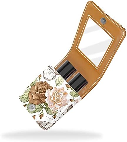 Caixa de batom de maquiagem portátil para viajar, borboletas vintage Rose Flowers Mini Lipstick Storage Box com espelho para mulheres mulheres, bolsa cosmética de couro
