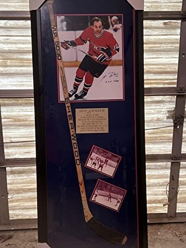 Guy Lafleur Shadowbox com assinado 16 x 20 e jogo usado em bastões - bastões autografados da NHL