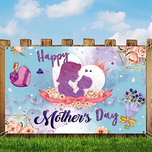 Meltelot Purple Feliz Dia das Mães Banner, Rose Heart Mothers Day Party Decoration, Banner feliz do dia das mães, Banner de pano de fundo de férias de sinal de quintal, 6 * 4 pés