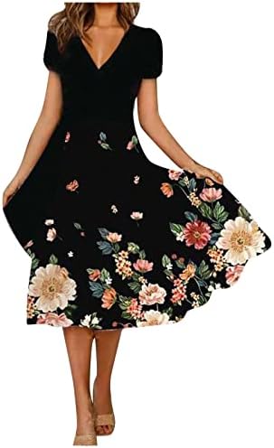 Vestidos fofos nokmopo para mulheres de manga curta verão casual moda floral com manga curta Vestido de giro de decote