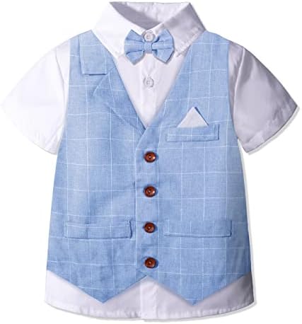 Yilaku menino terno de menino de menino roupas de menino roupas de vestido curto smoking com colete+camisa+calça+roupa de verão no verão de 2-7 anos