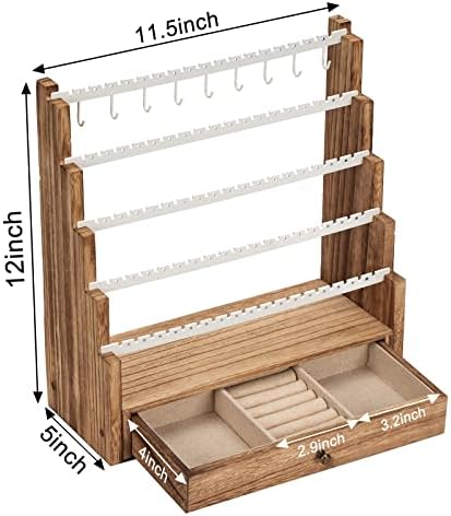 Organizador do brinco, organizador de brejo de 5 camadas com poste de suporte de colar de metal, exibição de suporte de jóias de madeira rústica para brinco de bracelete de pântano anel de colar de bracelete, 175 orifícios