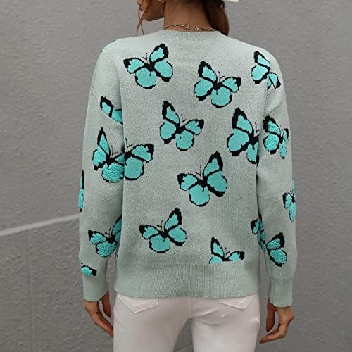 Camiscedores de batwing feminino e borboletas de inverno imprimem o pescoço redondo de manga comprida malha suéter