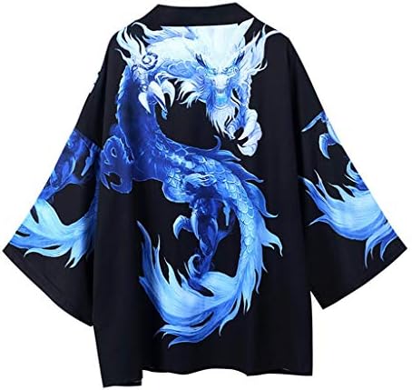 XXBR Japanese Kimono Cardigan para masculino Drapeado frontal de sete mangas ukiyoe dragão impressão leve casaco casual de praia