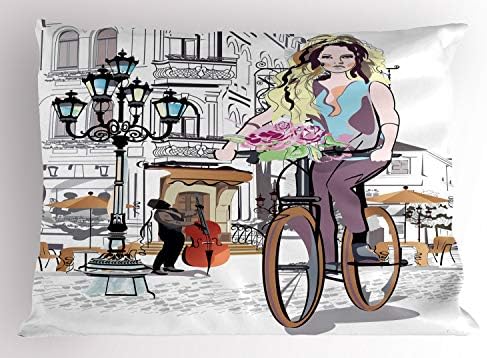 Ambesonne Paris Pillow Sham, Bike Young Girl e Roses em uma cidade da cidade antiga do músico da cidade romântica, Passagem estampada de tamanho decorativo, 26 x 20, multicolor