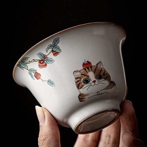 Porcelana Sizikato Gaiwan xícara de chá, copo de chá de kung fu e pires com tampa, padrão de gato