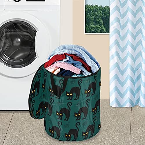 Halloween Black Cat Pop Up Laundry Horty com tampa de cesta de armazenamento dobrável Bolsa de roupa dobrável para camping