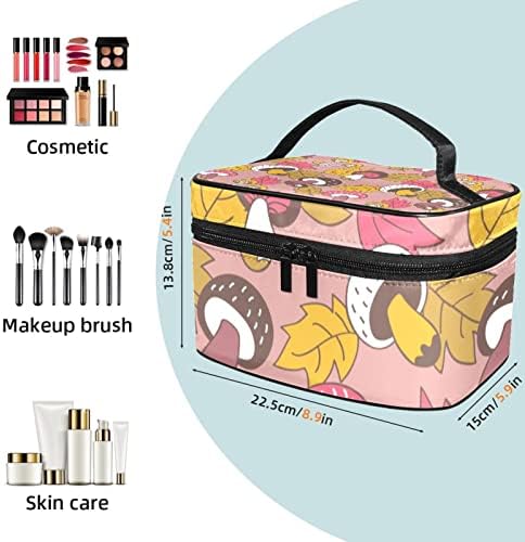 Bolsa de maquiagem do Yoyoamoy para mulheres meninas, bolsa de maquiagem de maquiagem de bolsa de cosméticos grande, bolsa de viagem, porta -escova e alça de outono folhas de bordo padrão de cogumelos