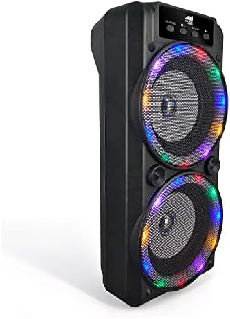 Naxa Electronics NDS-4506 Portátil Dual 4 ″ Bluetooth Party Speaker com luzes circulares multicoloridas, até 2 horas de jogo, sintonizador FM, porta USB, slot para cartão microSD e entrada de 3,5 mm, preto, preto