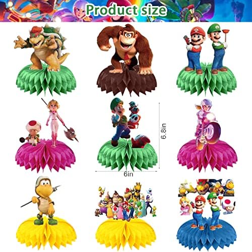 9pcs Mario Decorações Honeycomb CenterPieces, Mario Movie 2023 Decorações de festa, decorações de aniversário de Mario, 3D Side
