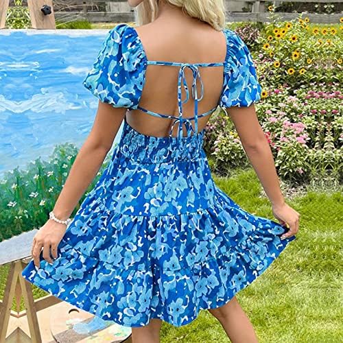 LCZIWO 2023 Dressão de manga curta Puff para mulheres Swing Flowy Ruffle uma linha vestidos de linha Sexy Backless Smocked mini vestido curto