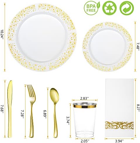 Caitline's | 175 peças conjunto de utensílios de ouro Plastic | 25 Convidado | Placas descartáveis ​​para jantar e sobremesa | Forks,