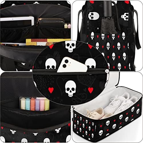 Skull and Love Heart Foldable Travel Duffel Bag Sports Tote Gym Bag com compartimento de sapatos para mulher homem Carry On bagagem