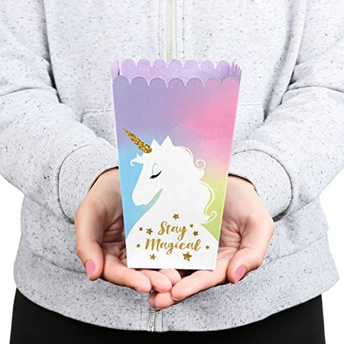 Stay Magical Rainbow Unicorn - Chá de bebê de unicórnio mágico ou festa de aniversário favorita caixas de tratamento de pipoca - conjunto de 12
