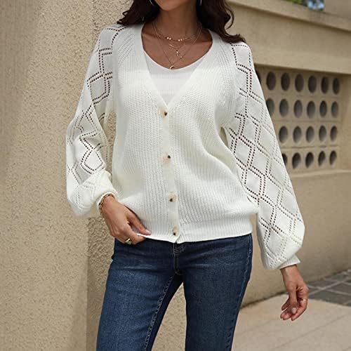 Cardigãs de suéter de malha feminina 2022 Button Down Lantern Sleeve V Neck Crochet Jackets de camisola de outono oco solto ombros