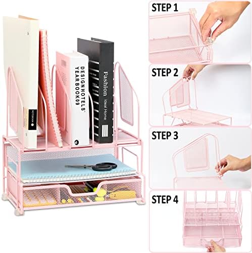 Organizador de mesa e acessórios Beiz Pink Storage com 5 suportes de pastas de arquivo vertical, 2 bandeja de papel, gaveta