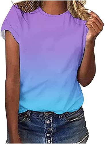 Camiseta feminina de verão de manga curta camisetas de picada de tripulante da moda tampa de estampa listrada sólida