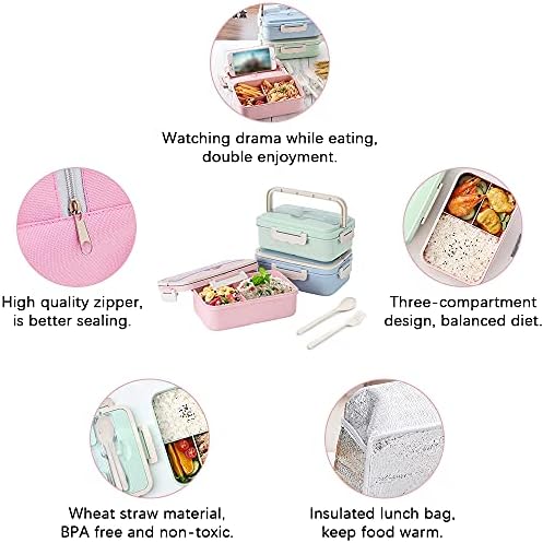 Sitake Bento Box e lancheira para crianças, venha com lancheira, colher e garfo, recipientes para almoços de palha de trigo