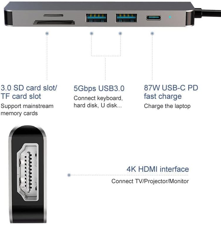 Hub USB-C 6 em 1 hub de adaptador Multiporto USB 3.0 leitor tipo C para acessório de PC para laptop