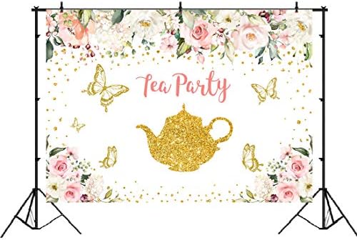 Ticuenicoa 7x5ft Let's Partea Backdrop para fotografia Rosa e Ouro Floral Tea Party Picture Background Tea Photography Banner