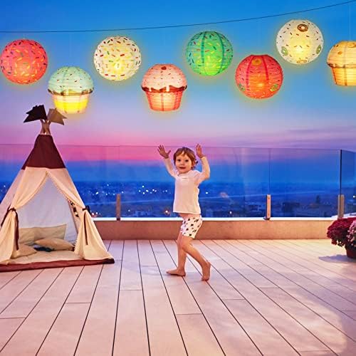 8 PCS Festa de donut para pendurar lanternas de papel com luzes LED, Sprinkle Party Party Lanterns Cupcake Papold Paper Lanterns