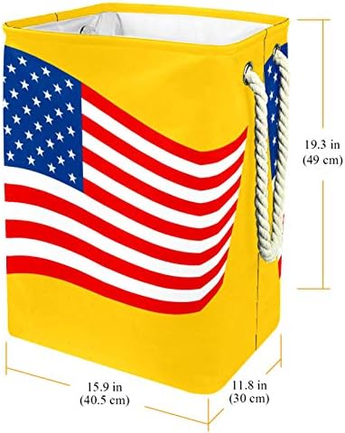 Deyya Cestas de lavanderia impermeabilizadas altas bandeiras americanas e resistentes de fundo amarelo cesto de impressão para