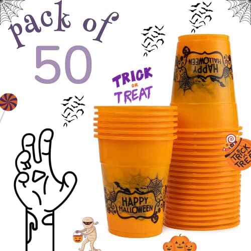 Neliblu Halloween Cups | 50 8 oz Design de Halloween assustadores | Happy Plastic Halloween Cups para truques e travessuras