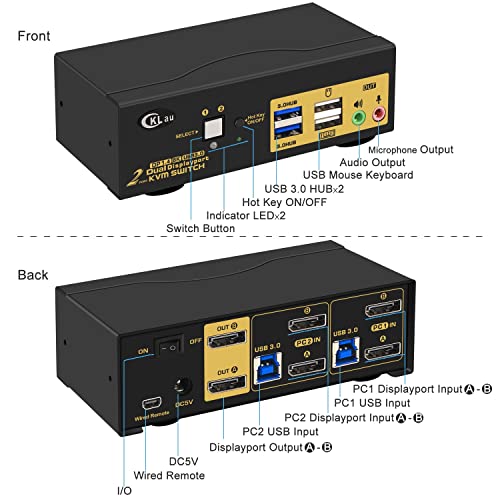 2 Porta Monitor duplo KVM DisplayPort 1.4 com cabos e 2pcs extras USB 3.0 Hub, DP KVM Switch 2 monitores 2 computadores com suporte