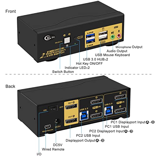 2 Porta Monitor duplo KVM DisplayPort 1.4 com cabos e 2pcs extras USB 3.0 Hub, DP KVM Switch 2 monitores 2 computadores com suporte de áudio 8k@30Hz, 4K@144Hz