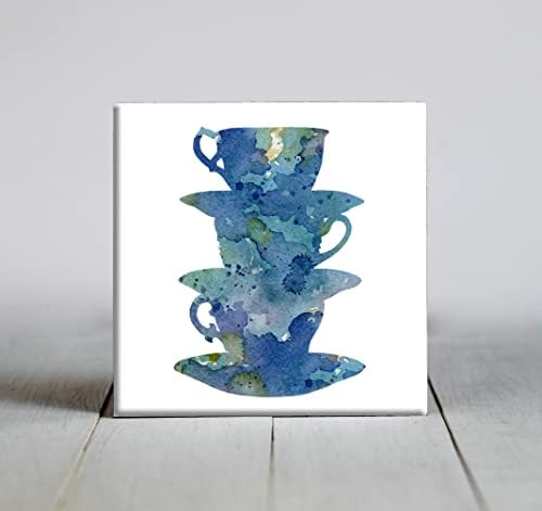 Azul abstrato de copos empilhados Arte em aquarela telha decorativa